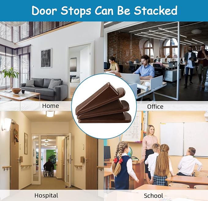 4 Pack Premium Rubber Door Stoppers Wedge, Door Stops for Carpet Heavy Duty Door, for Bottom of Door on Tile, Concrete, Carpet, Wooden Floor (Brown)