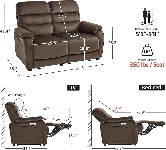 MCombo 61.6'' Wall Hugger Power Loveseat Recliner, Reclining Loveseat
