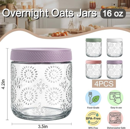 4 pack 16 oz Overnight Oats Containers with Lids, Glass Food Storage Container, Airtight Salad Jars, Mason Jars for Overnight Oats, Yogurt, Oatmeal, Salad, Coffee, Spices