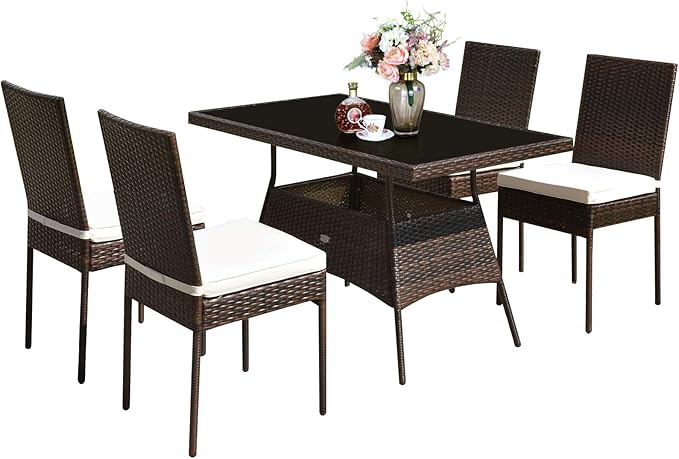 Tangkula 5 Piece Patio Wicker Dining Set, Outdoor Rattan Table and Chairs