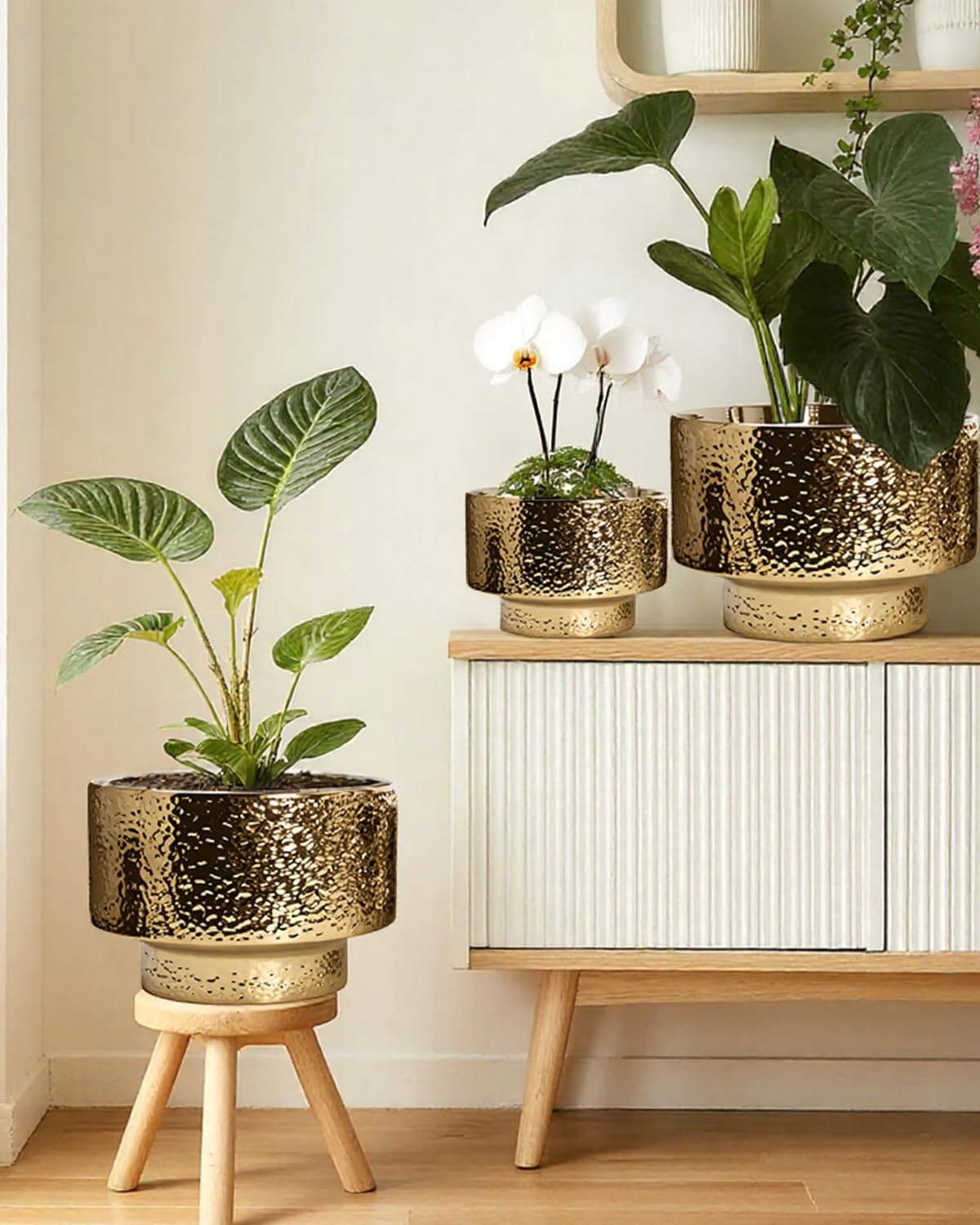OXART Large Plant Pot, 12.2+10+7.7 inch Pots for Plants, Set of 3, Ceramic Planter with Drainage, Gold Indoor Flower Pots with Hole Mesh Pad, Gifts for Mom, Ideal for Home Office Decor, Overgild