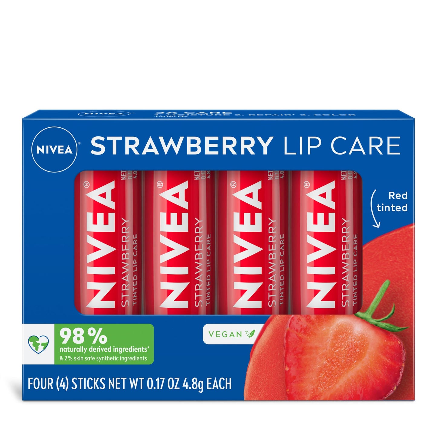 NIVEA Lip Care, Fruity Tinted Lip Balm Variety Pack, Cherry, Strawberry, Blackberry and Watermelon Flavors, 3-in-1 Moisture, Repair and Color, 0.17 Oz Stick, Pack of 4