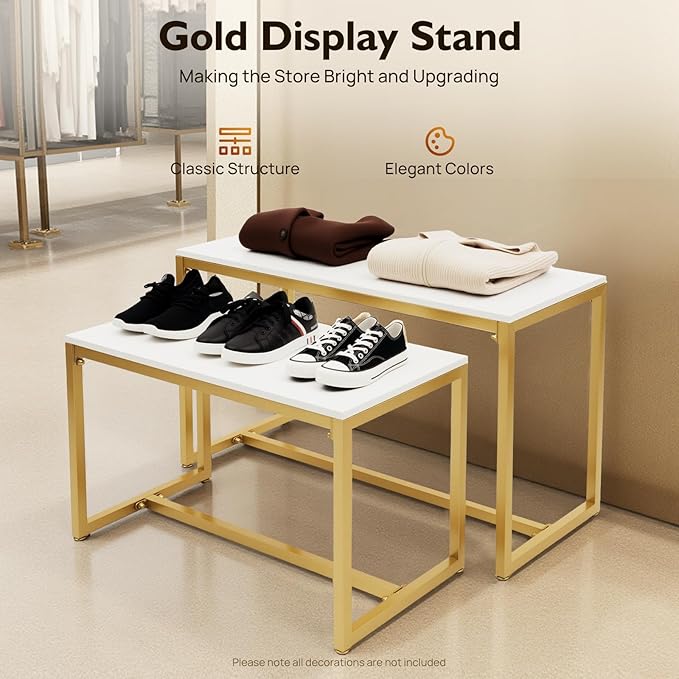 2pcs Gold Retail Display Nesting Tables, Shoes Handbag Metal Display Riser Shelf