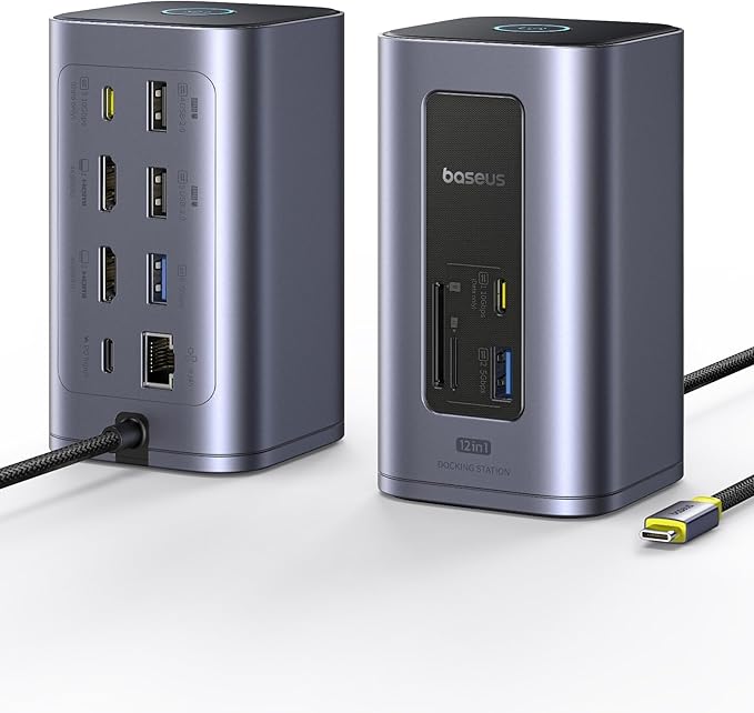 Baseus Docking Station Dual Monitor, Nomos Win Air(12 in 1) Laptop Dock, 2*4K HDMI, 10Gbps USB Ports, 1Gbps Ethernet, PD 100W(No Power Adapter), USB C Docking Station for Dell/HP/Lenovo/Asus/Acer/Mac
