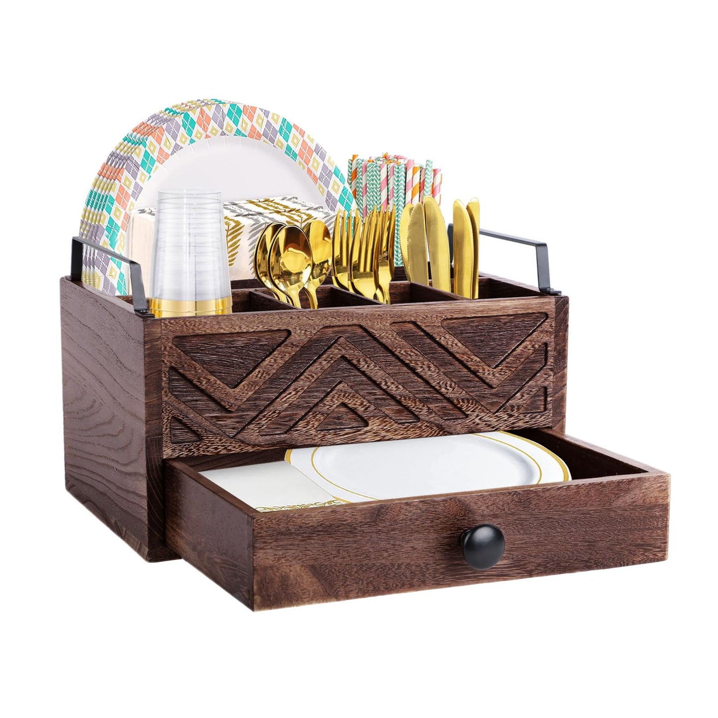 Aikosell Paper Plate Dispenser with Drawer, country style Wood Kitchen Counter, Picnic, Party, Camping - Caddy Organizer for Cups, Spoons, Forks, Plates, office supplies, Napkins & Silverware