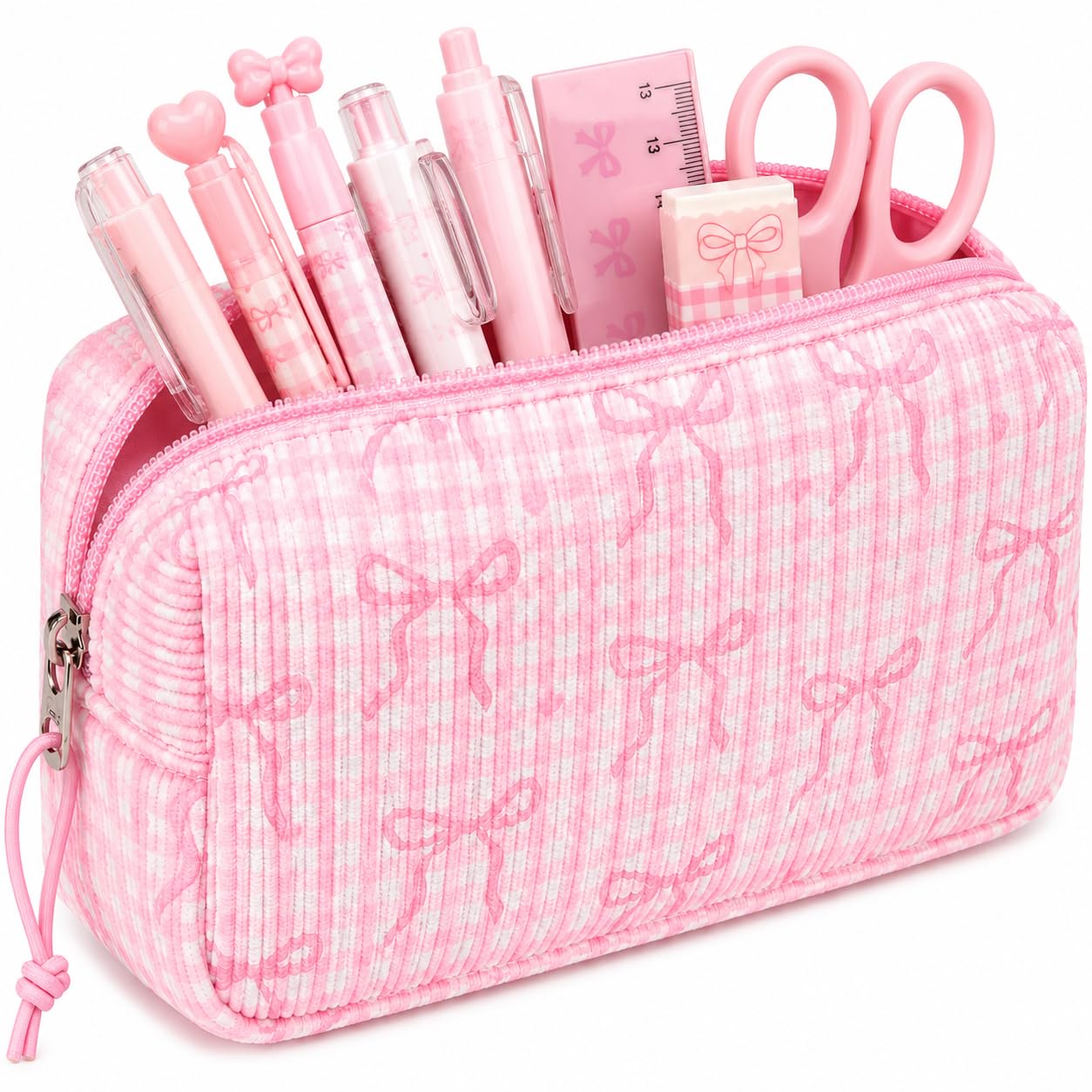 LEDAOU Cute Pencil Case for Kids Girls Boys Pencil Pouch kawaii Pen Pencil Box Bag Holder for School Students (Corduroy Pink Bow Checkered)
