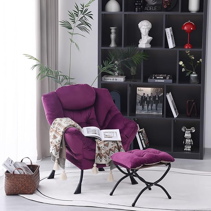 MBOOYOME Lazy Chair with Folding Ottoman, Modern Accent Armchair with Armrests