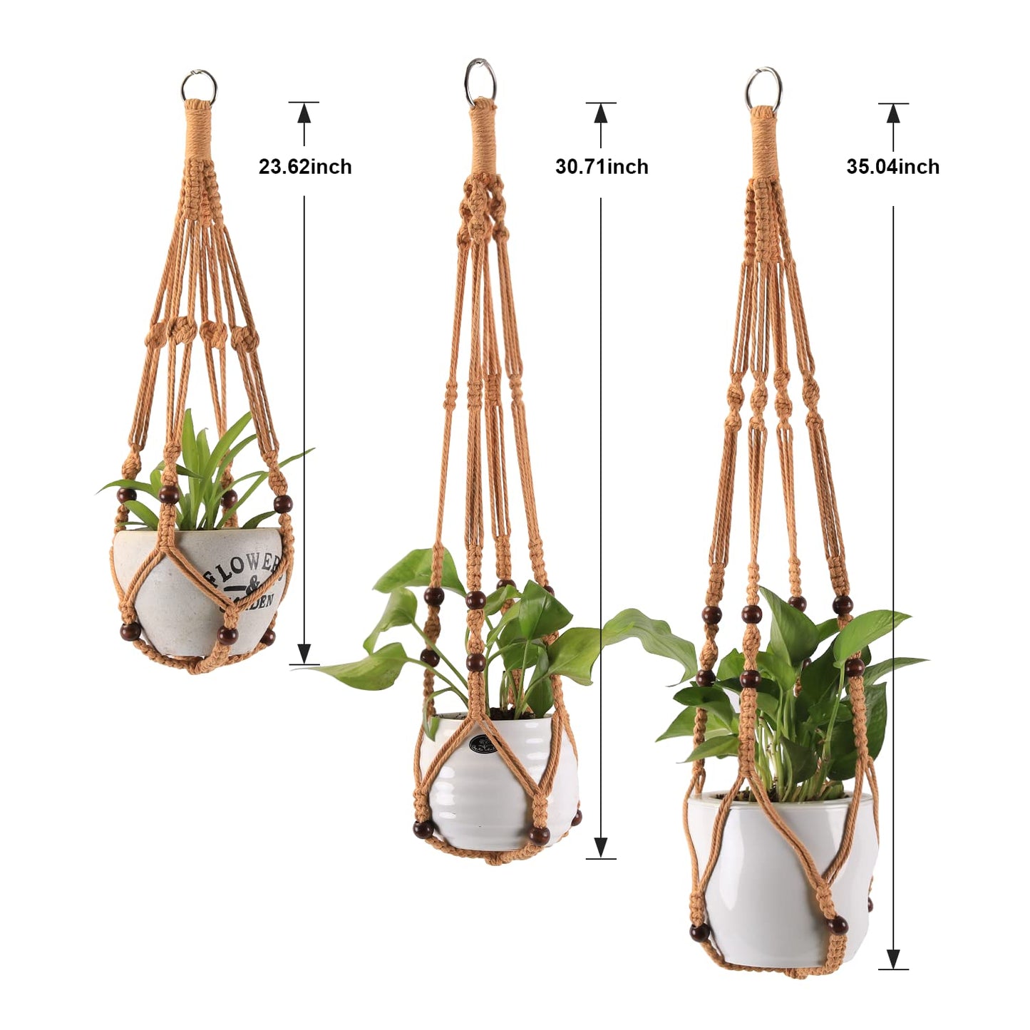 MKO SHUN 3-Pack Macrame Plant Hanger Indoor - Hanging Planter Basket for Indoor Outdoor - Decorative Boho Plant Holders Set with Beads - Ceiling Flower Pot Holder with 6 Hooks - 35"/30"/24" Brown