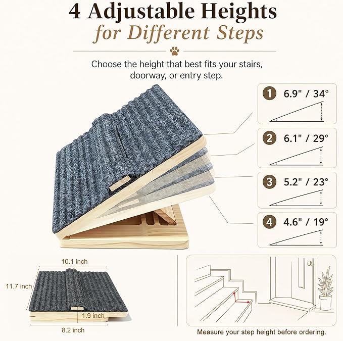 2 Pack Dog Ramp for Stairs – Solid Wood Adjustable & Foldable, 4 Heights, Non-Slip Silicone Base, Traction Felt, Raised Pause Strip, 35lb for Small & Senior Dogs