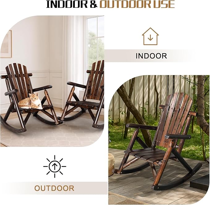 Outvita Wooden Rocking Chair Set of 2, Fir Log Adirondack Rocker, Outdoor Wood