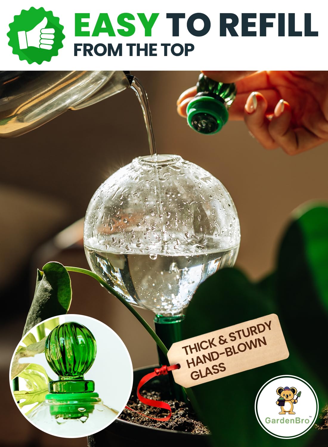 4pcs 16 Oz Plant Watering Globes for Indoor Plants with Metal Self Watering Planter Insert - Premium XL Glass Hand-Blown Globes - Automatic Plant Waterer Indoor, Gift Idea for Gardeners [4, Clear]