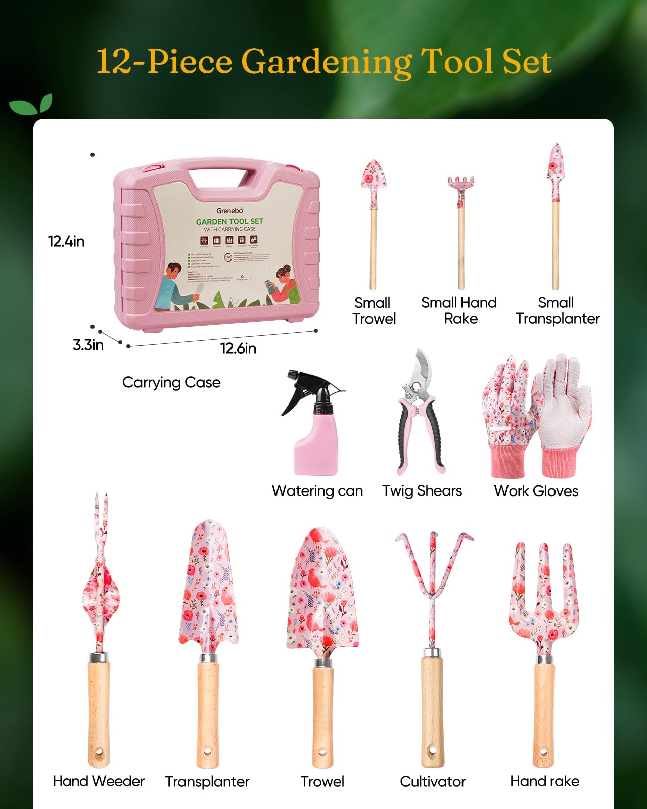 Grenebo 12-Piece Gardening Tools Set, Floral Print Garden Tool Set Gift, Rust-Proof & Heavy-Duty Trowel, Rake, Weeder, Pruner with Hard Case, Gardening Gifts for Women, Mom & Plant Lovers (Pink)