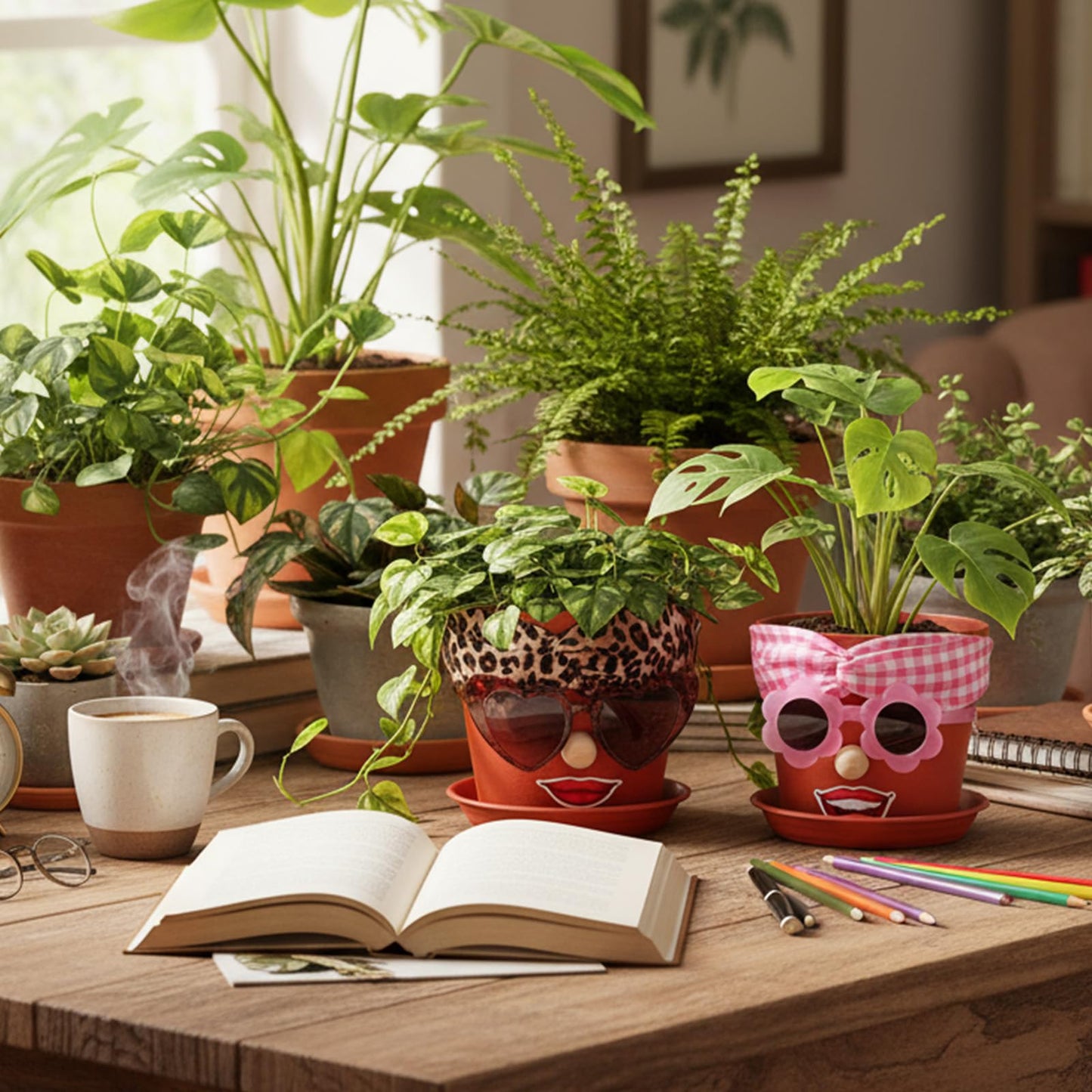 SiliFine 6 Sets Funny Plastic Pots for Crafts Lady Face Flowerpots Include 6.6 Inch Planters Hair Band Decorative Glasses Wood Particle Lip Stickers Glue Points for DIY Crafts Garden Decor
