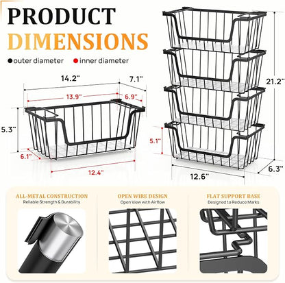 SUNALLY Stackable Storage Bins 6 Pcs Wire Baskets for Pantry Organizers and Storage, Vegetable Fruit Storage Basket for Countertop Organizer,Kitchen Storage Baskets for Onion Potato Snack,Black