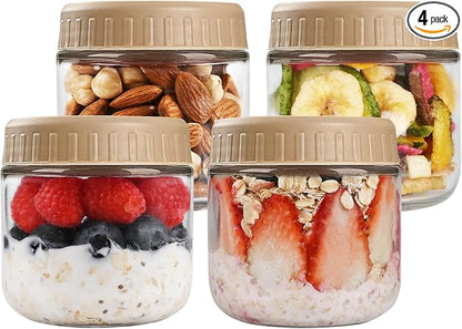 SHOWIN Overnight Oats Containers with Lids, 10oz Glass Jars with Lids 4 pcs, Taffy, Wide Mouth Mason jars for Salad, Yogurt, Snacks, Meal Prep