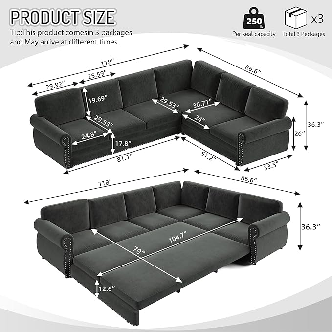118" L-Shaped Sleeper Couch Bed