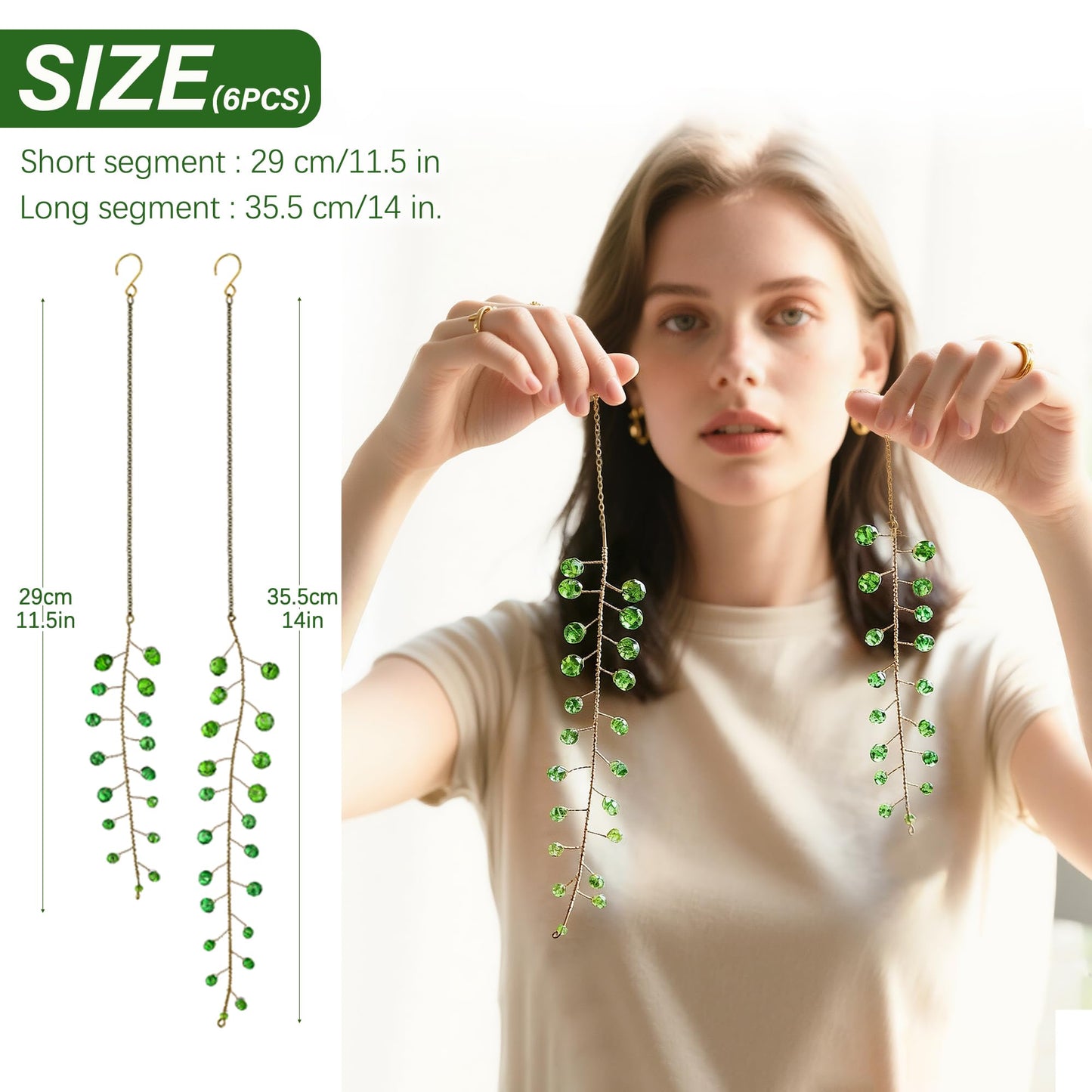H&D HYALINE & DORA 6 Pcs Crystal Beaded Suncatchers Artificial Green Plants Hanging Wind Chime with Chain for Window Indoor Outdoor Potted Plants Decorations Plant Lover Gift