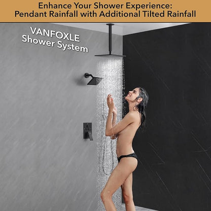 VANFOXLE Shower Faucet Set Matte Black Shower System, Push Button Diverter Shower Faucet with Trim Kit, Ceiling Mount 10 Inch Shower Head Increased Thick, 6 Inch Side Shower Head, 2-in-1 Handheld