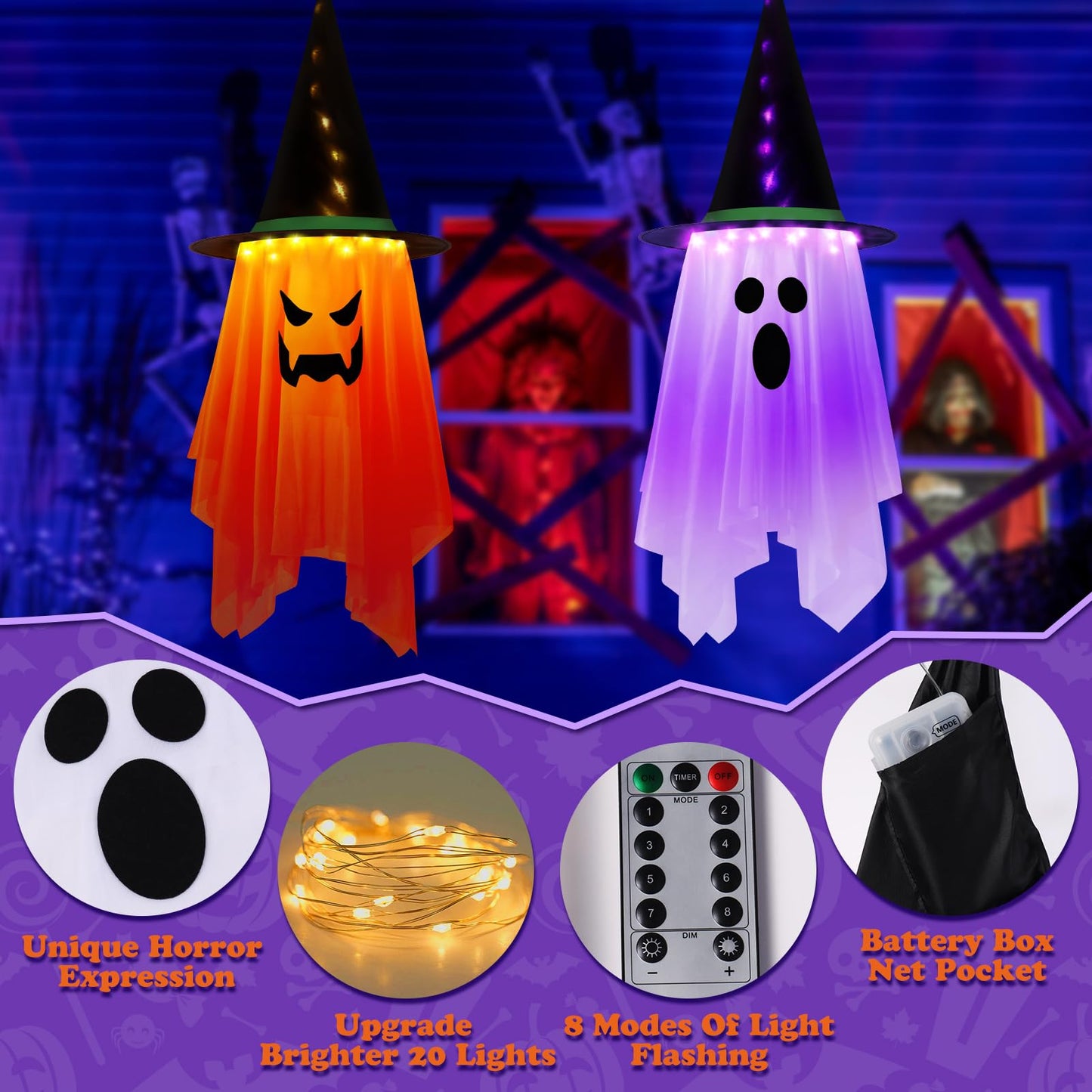 2PCS Halloween Decorations, 41" x 14" Large Size Hanging Lighted Glowing Ghost Witch Hat Lights Ornaments with Remote Control