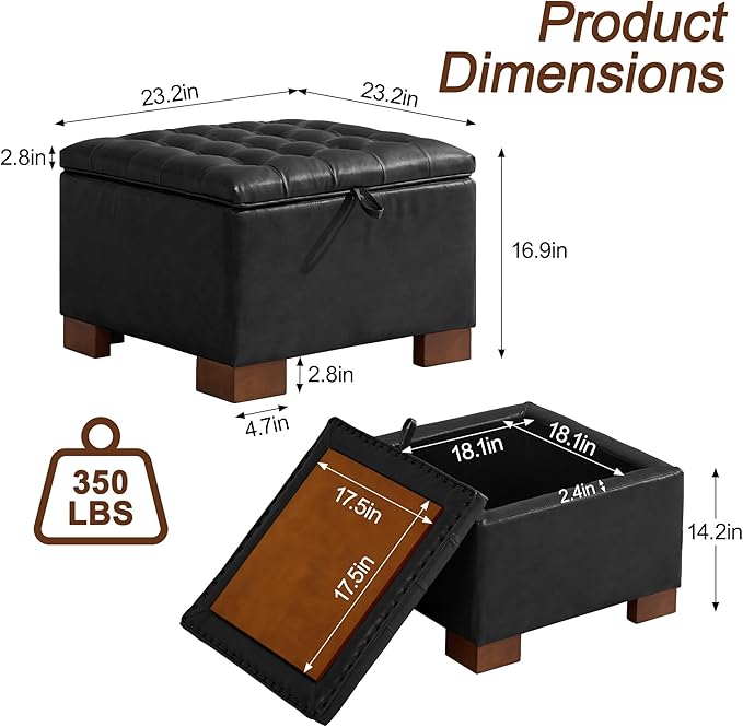 WUTUTUEE 24" Faux Leather Square Storage Ottoman