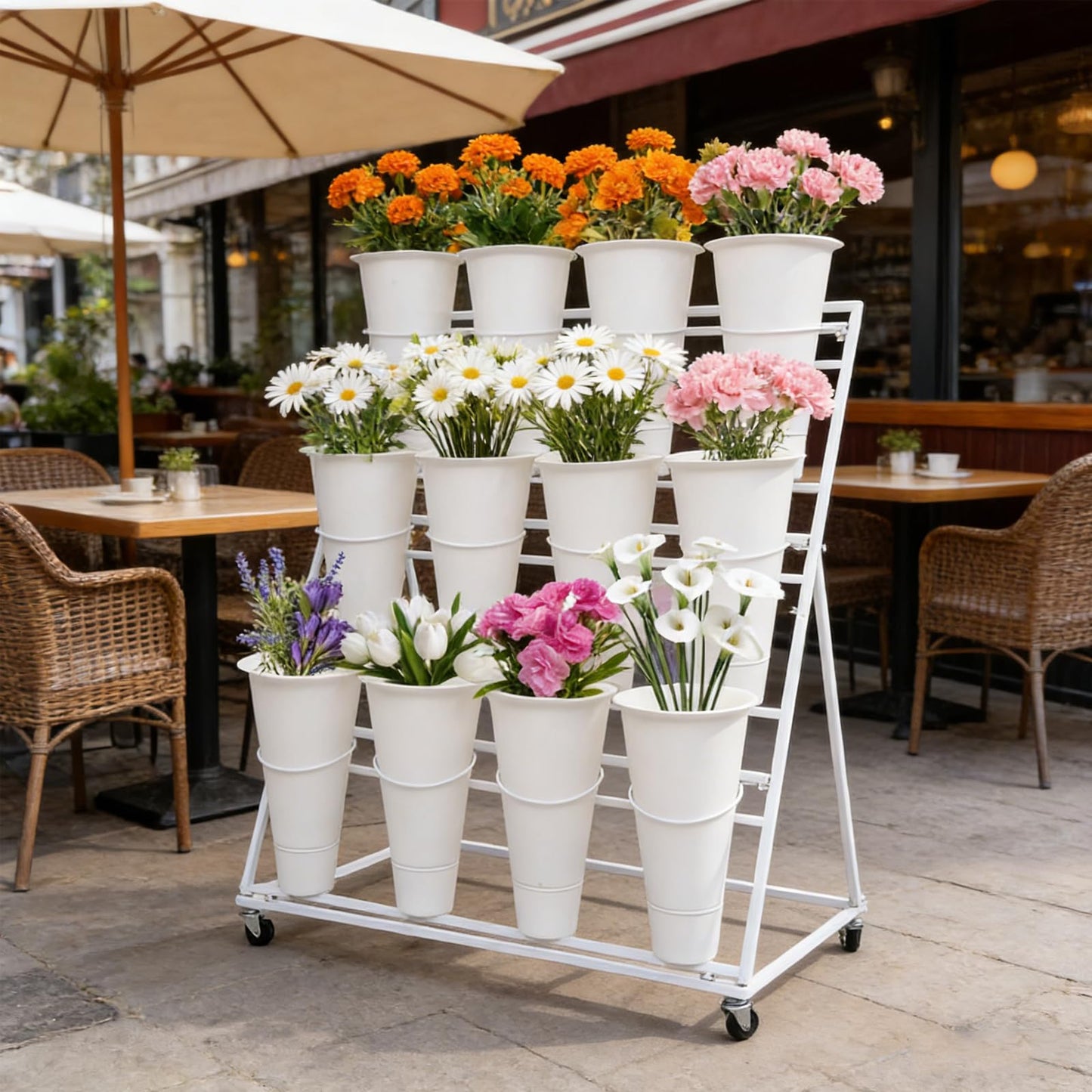Flower Display Stands With Buckets, With 12pcs Buckets, 3-Tier Rolling Flower Bar,Heavy Duty Metal Flower Cart,For Indoor/Outdoor Use, Wedding Decor & Florist Displays (A - White frame, white bucket)