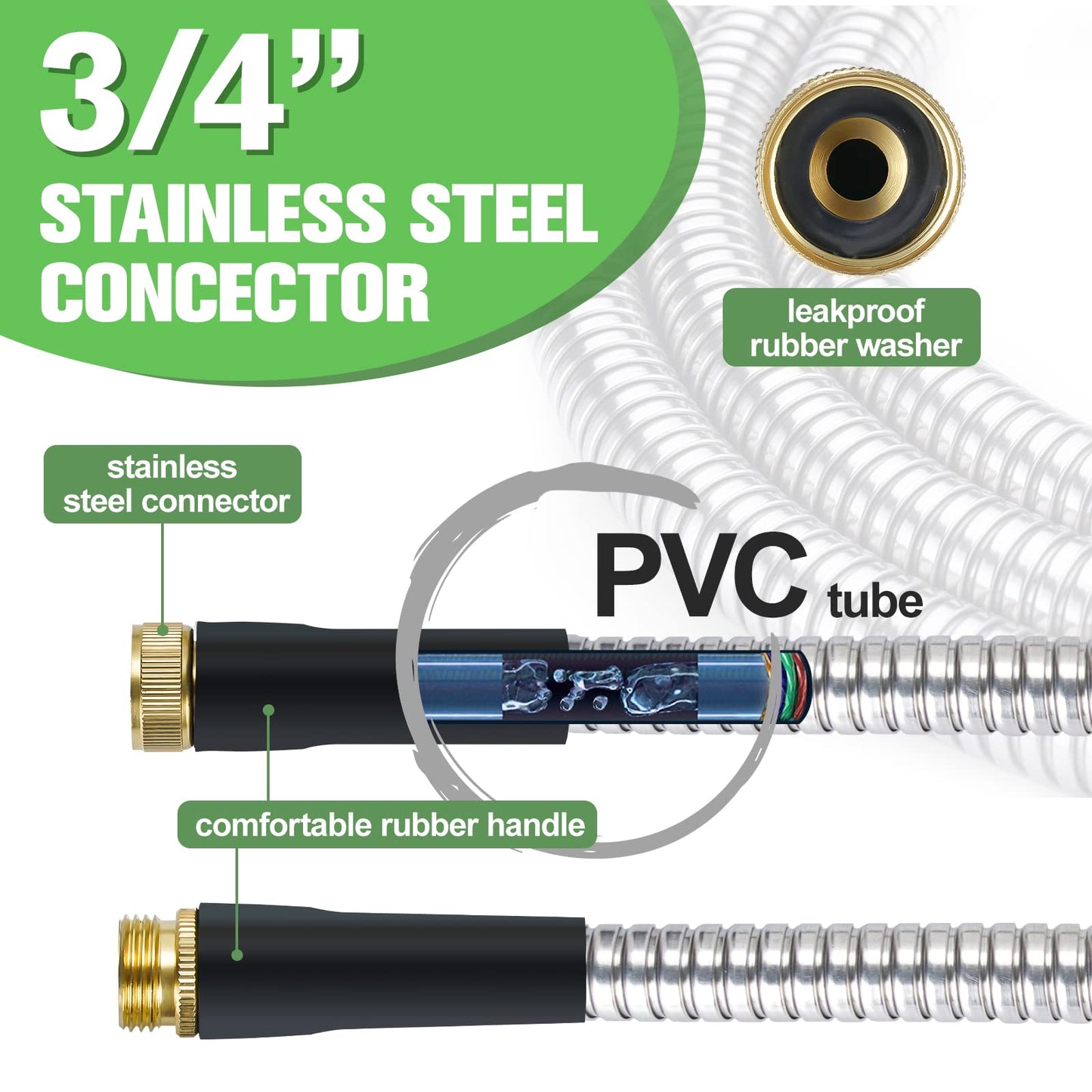 TVKB Metal Garden Hose 25ft Stainless Steel Metal water Hose Super Tough & Flexible Water pipe Lightweight, Crush Resistant Aluminum Fittings, Kink & Tangle Free, Rust Proof