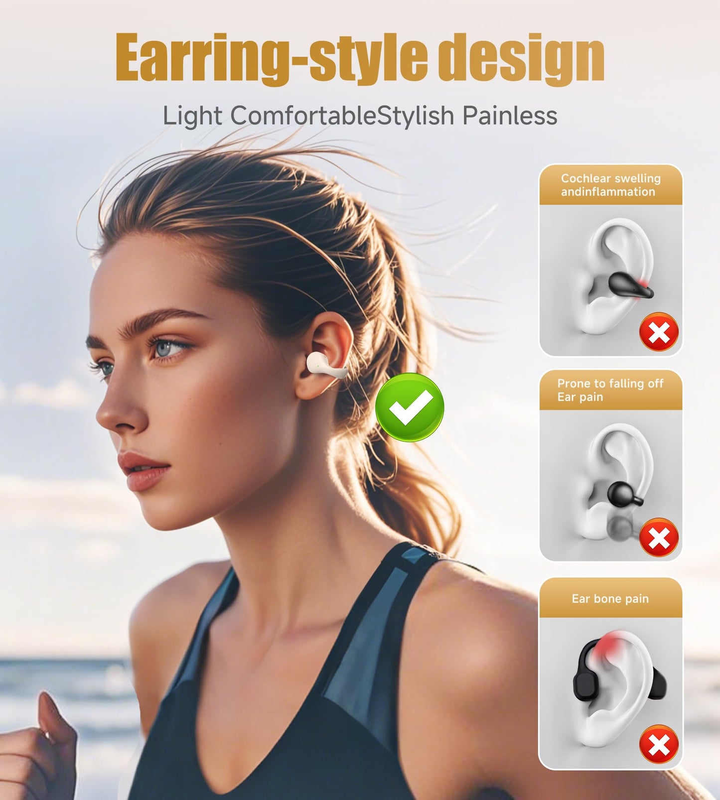 King Lucky i21 Open Ear Clip On Earbuds Wireless Bluetooth Ear Clip Headphones with Mic,Noise Cancelling, Waterproof IPX4,for Small Ears,Perfect for Running,Sports,Glasses Wearers (White)
