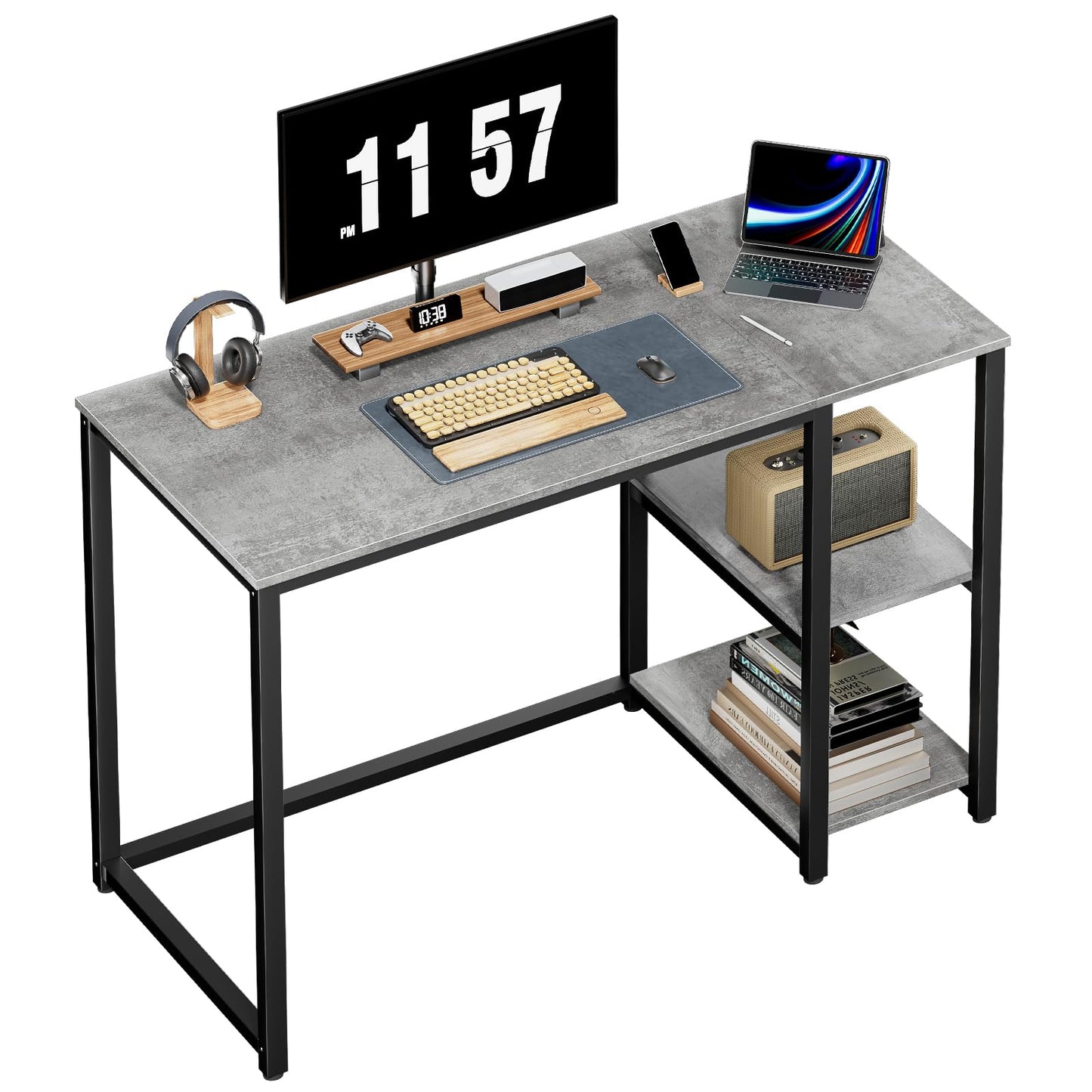 SINPAID Computer Desk 40 inches with 2-Tier Shelves Sturdy Home Office Desks with Large Storage Space Modern Gaming Desk Study Writing Laptop Table, Gray