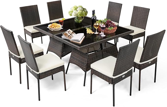Tangkula 10 Pieces Wicker Patio Dining Set, Outdoor Rattan Table & Chairs Set