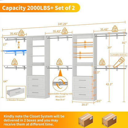 Closet System with 6 Wood Drawers, 6-12FT Closet Organizer System with Cuttable Shelves for Walk in Closet with 6 Expandable Hanging Rods, Heavy Duty Built-in Closet for Bedroom, White