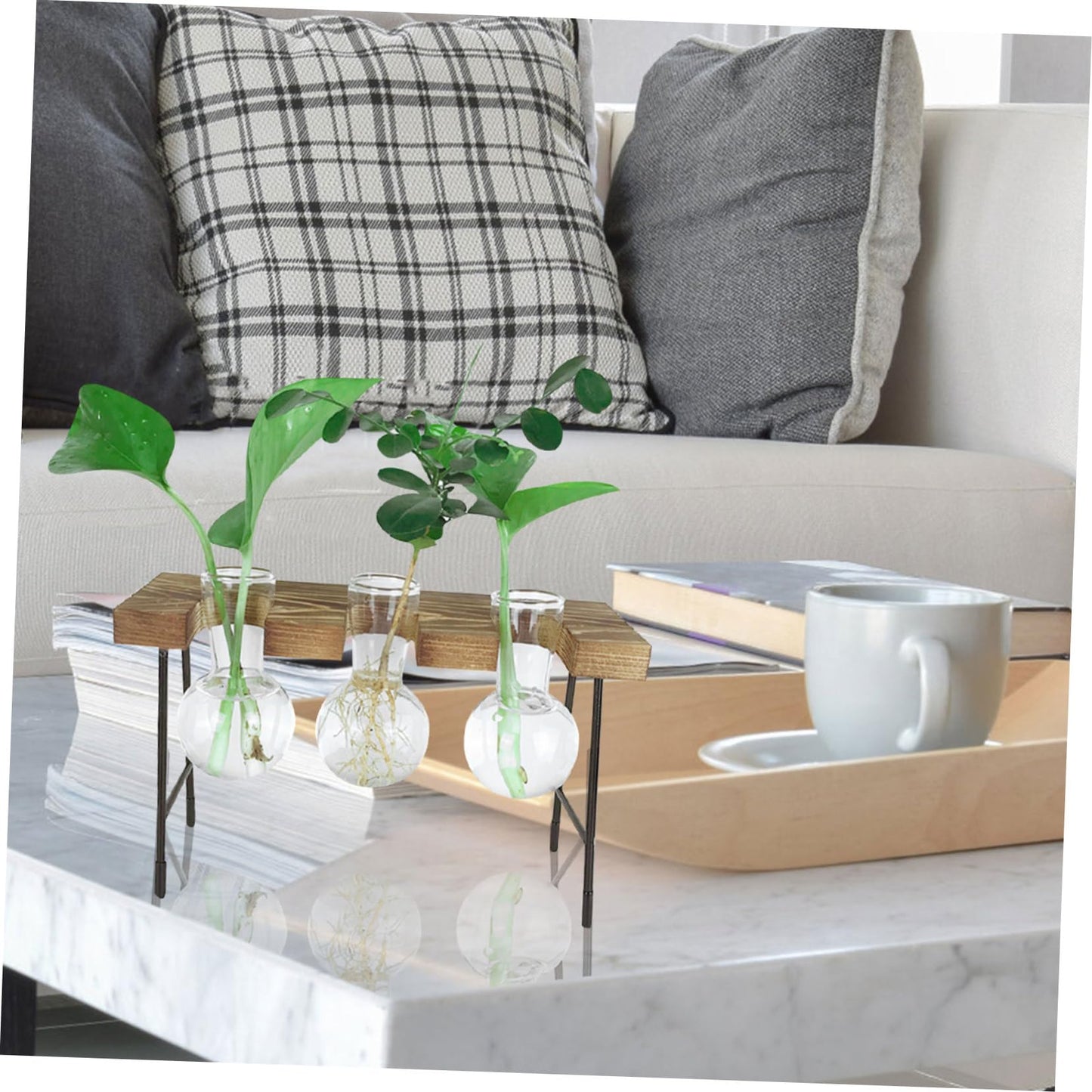 TINEASUR Plant Stands Indoor Glass Vase Wooden Rack Hydroponic Bottle Plant Terrarium Desktop Planter Bottle Home Planting Vase