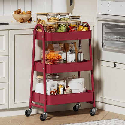 NEWBULIG 3-Tier Metal Rolling Cart with Lockable Wheels, Heavy Duty Mobile Utility Storage Shelf, Roller Book Snack Cart, Organization for Livingroom, Bathroom, Office, Red