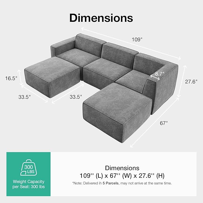 Novilla 109" Modular Sectional Sofa, No Assembly Cloud Sectional Couch