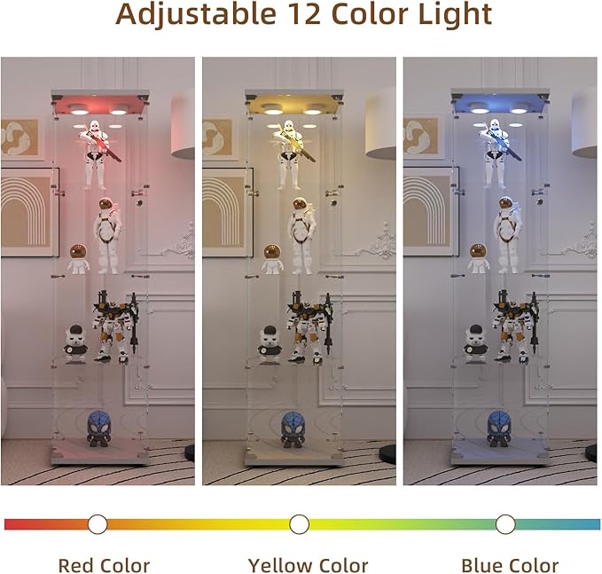 Glass Display Cabinet with LED Light and Lock, 4-Shelf Curio Cabinets with 5mm