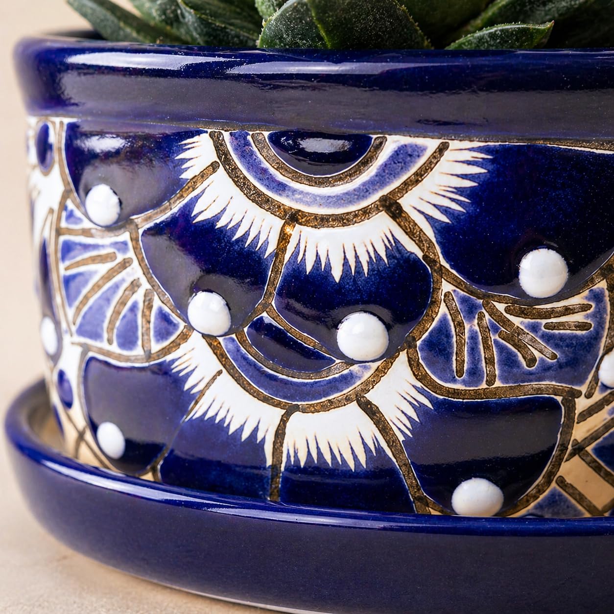 Casa Fiesta Designs Small Ceramic Pot - Flower Planter with Drainage for Cactus Bonsai Succulents Blue and White Ceramic Pot - Desk Size - Maceta Ceramica Maceta Azul Blanco
