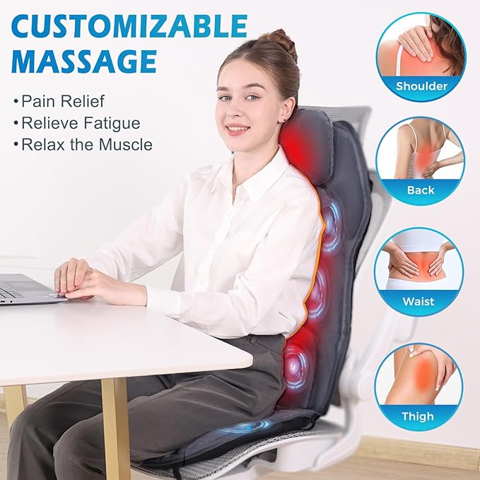 Back Massager with Heat, Full Body Massage Pad with Pillow Neck Support, Soft Plush Fabric Cover, Chair Massager with 3D Lumbar Truction and 8 Vibration Motors, Gifts for Dad Mom, Home Office Use