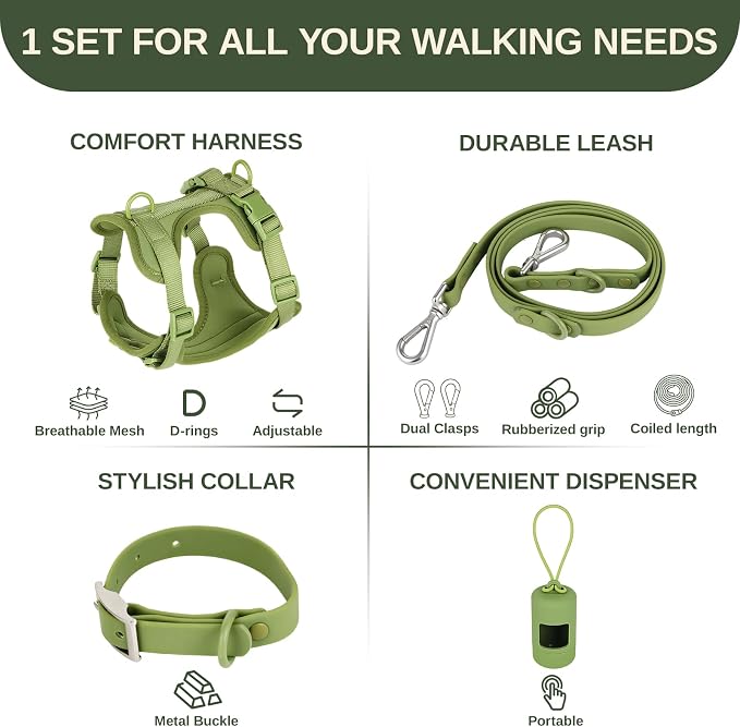 4-in-1 No Pull Dog Harness Set with Collar, Leash, Poop Bag, Adjustable, S