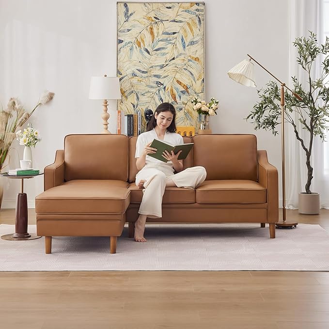 Kingfun 88" L-Shape Sofa, Faxu Leather Sectional Couch, Mid Century Modern