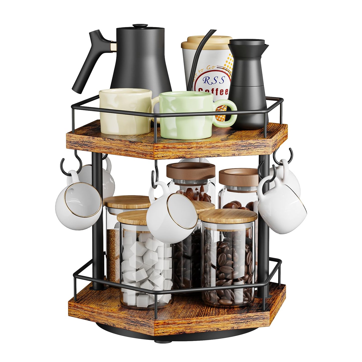 KLM 2 Tier Coffee Bar Organizer Countertop Station Shelf for Home Office, Multi-Functional Coffee Mug Cup Holder Stand, Accessory Storage Rack with 6 Hooks, 360° Rotated Coffee Cup Holder for Counter