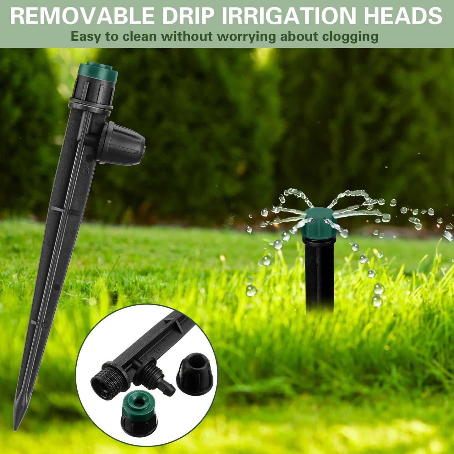 Glooglitter 100 Pcs Drip Irrigation Emitters for 1/4" Tubing 50 Micro Irrigation Emitters Sprayer 50 Adjustable 360 Degree Water Flow Drippers for Garden Irrigation System(Green, Latch)