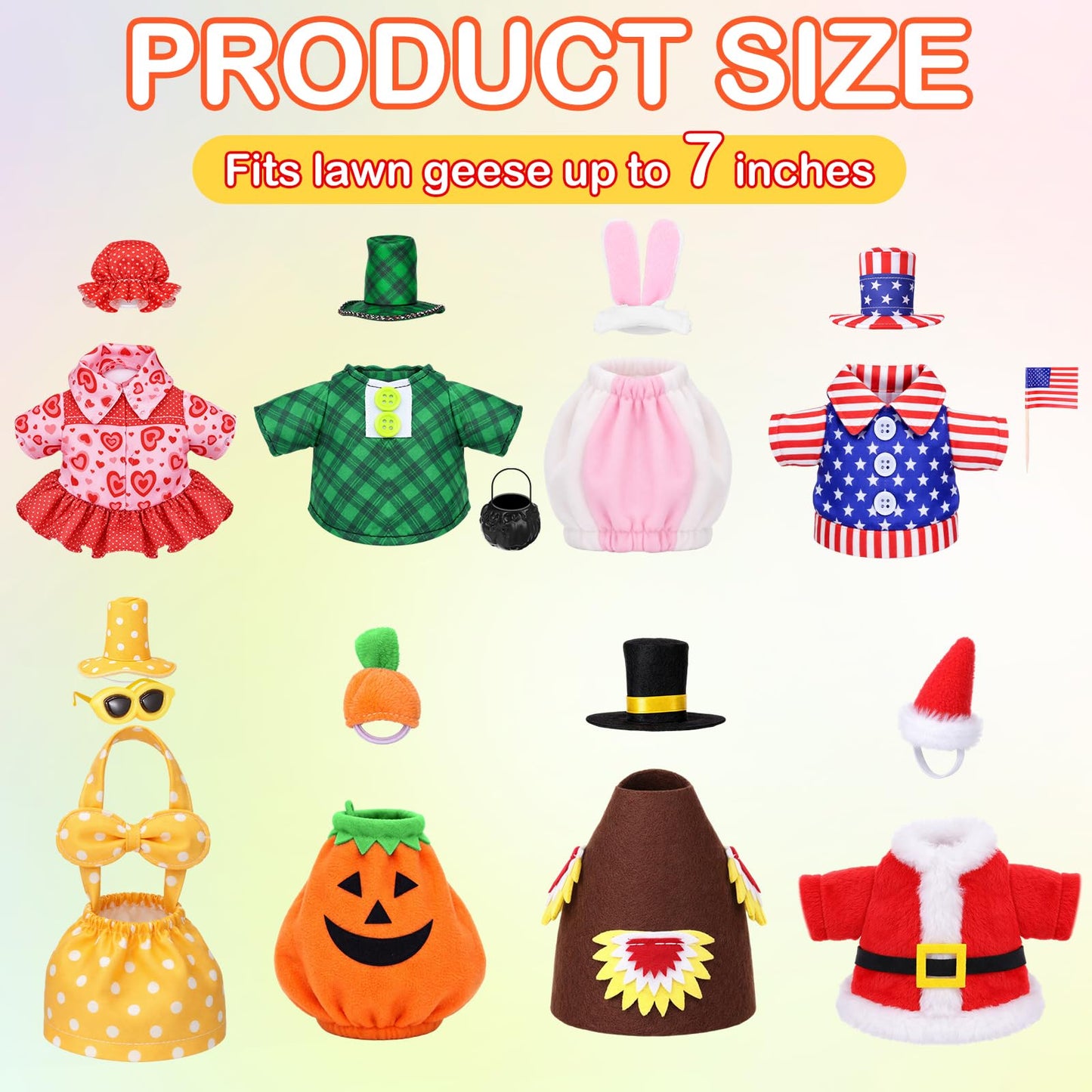 FuWeave 8 Set Holiday Porch Goose Outfits 250th Anniversary Summer 4th of July Fall Halloween Christmas Valentine St. Patrick Easter Lawn Porch Goose Clothing for Patio Yard Lawn Decor(Style1,7 Inch)