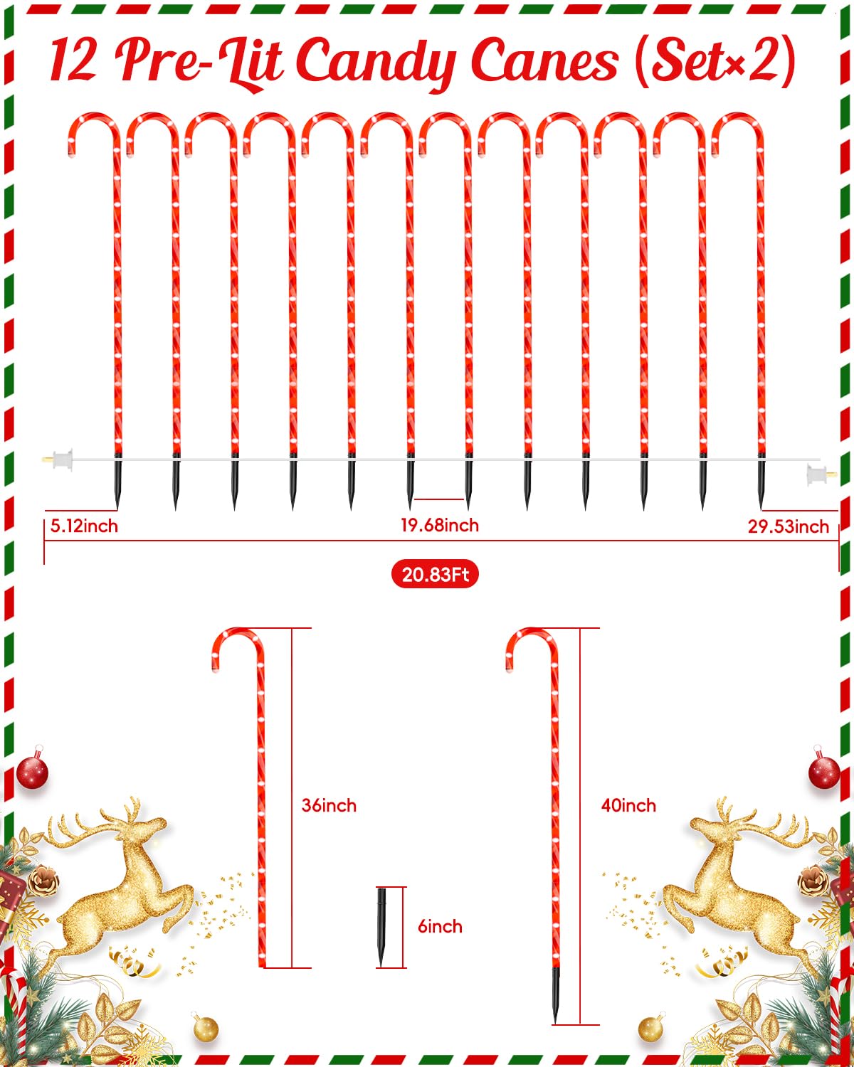 COOLWUFAN 36" Candy Cane Christmas Decorations, 24 Pack Giant Candy Cane Lights, Outdoor Pathway Markers Lights for Xmas Holiday Walkway Patio Garden Yard Lawn