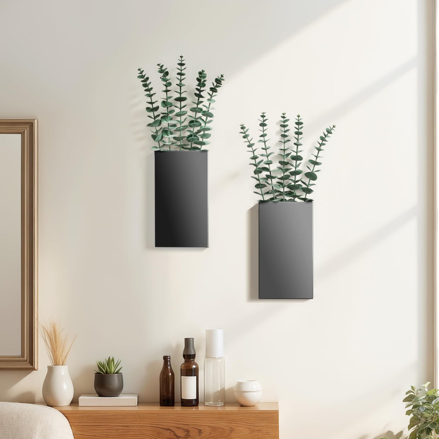 2 Pack Metal Wall Planter Vases Decor with Artificial Eucalyptus, Modern Farmhouse Rustic Hanging Pocket Planters for Indoor Greenery and Flowers, Living Room Bedroom Kitchen Decoration, Black