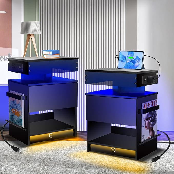 Nightstand with Induction Light & Side Charging Station, Modern Bedside Table