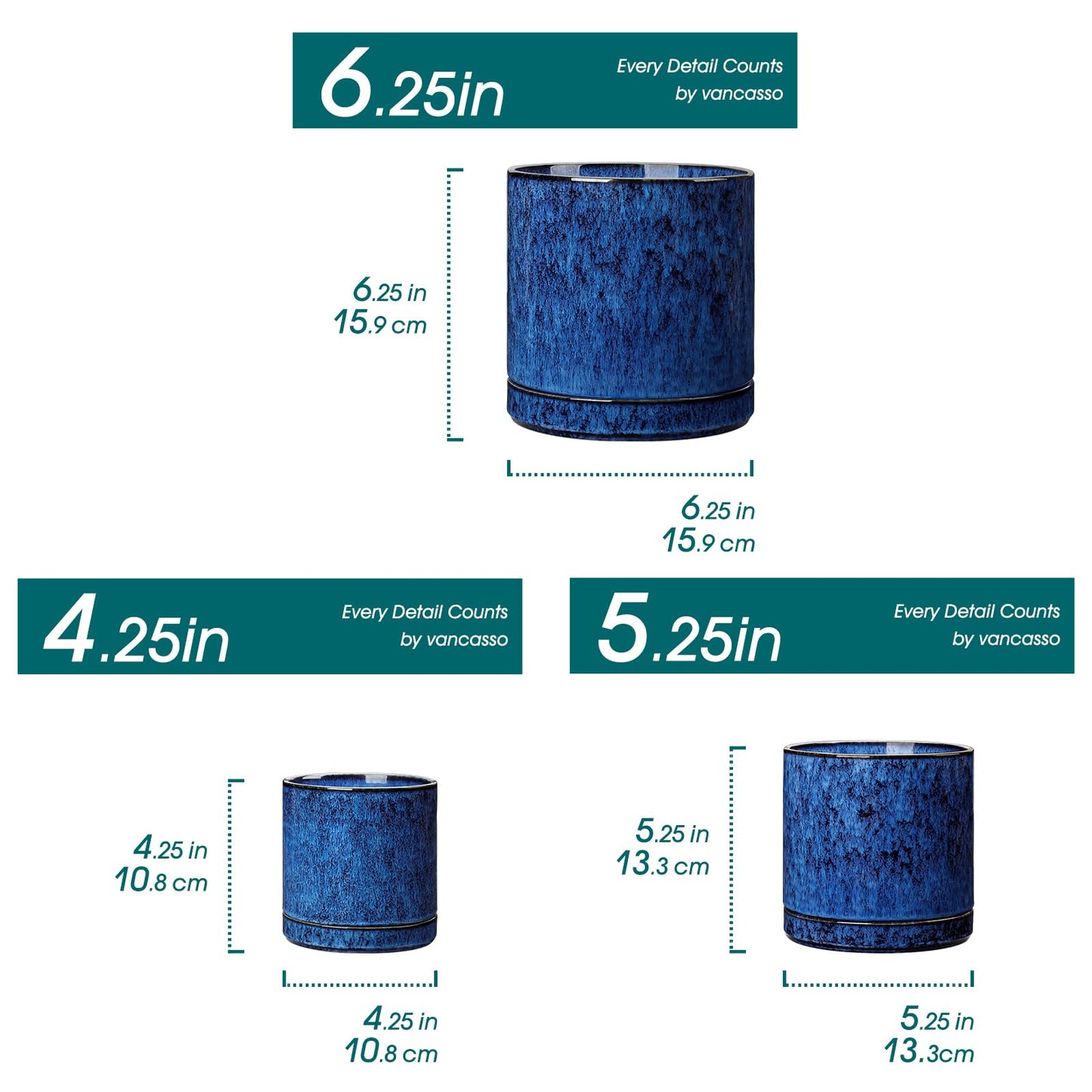 vancasso Ceramic Plant Pots, 3 Piece Planters for Indoor Plants, 4.25+5.25+6.25 Inch Flower Pots with Drainage, Plant Pots Indoor for Succulent, Pothos, Snake Plant and Money Tree, Etc (Blue)
