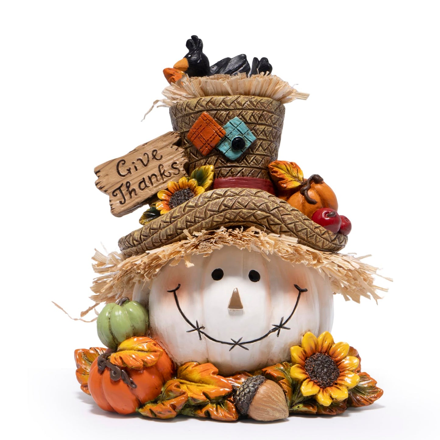 Hodao Thanksgiving Pumpkin Decorations, Resin Fall Autumn Figurine with Straw Hat, Birds, Acorns & Sunflowers, Give Thanks Sign, Festive Gift for Home Tabletop Mantel Thanksgiving Decorations (White)
