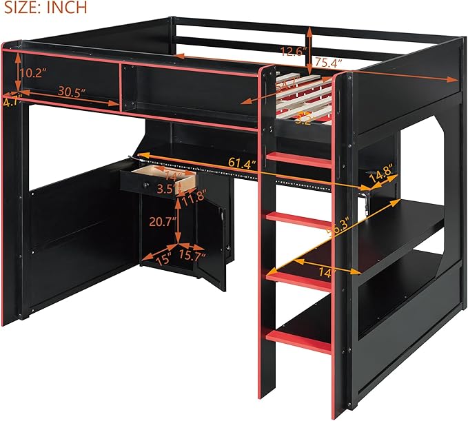Modern Gaming Loft Bed with Built-in Desk, LED Lighting & Charging Hub – Full