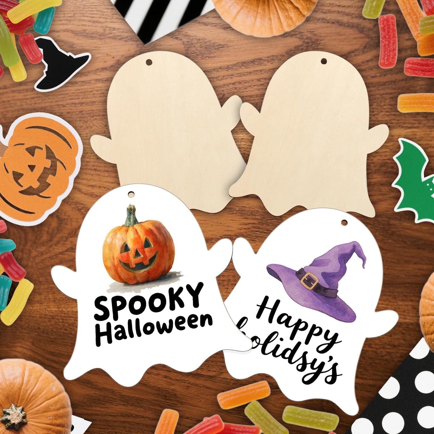 kuchisity Large Size 7'' Wooden Halloween Ornaments to Paint 30 Pcs DIY Blank Unfinished Ghost Wooden Cutouts with Twines for Halloween Thanksgiving Day Fall Party