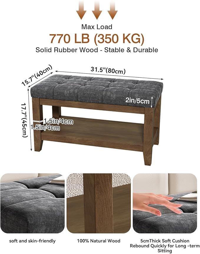 ABHENG Solid Rubber Wood Shoe Bench, Soft Chenille Material Upholstered Seat