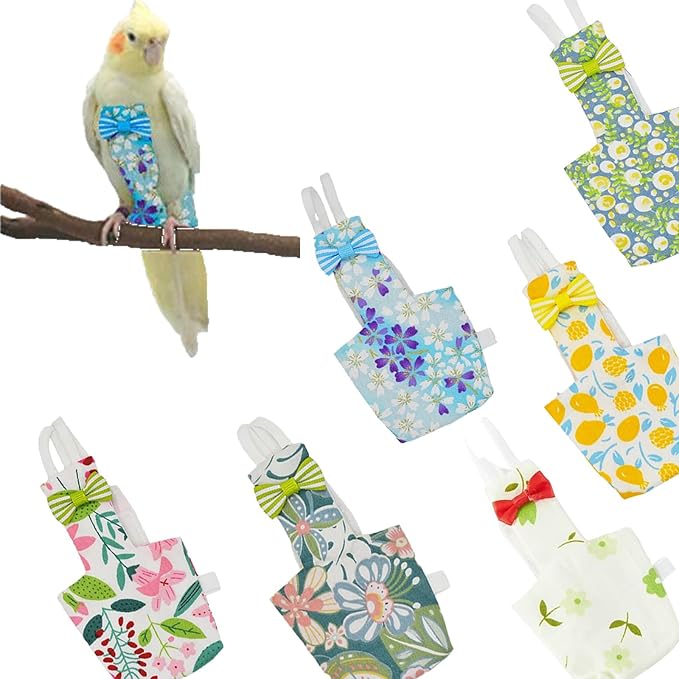 6-Piece Bird Diaper Set for Parrots, Reusable Protective Flight Suits with Waterproof Inner Layer, Washable Urine Wet Suit for Cockatiel, Parakeet, Budgie, and Small Birds(M)